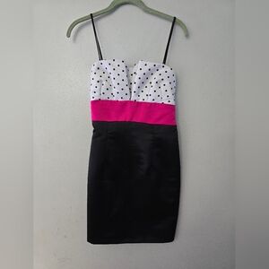 TABOO JUNIORS Size M SILKY BLACK/Pink White Polka Dot dress spaghetti straps